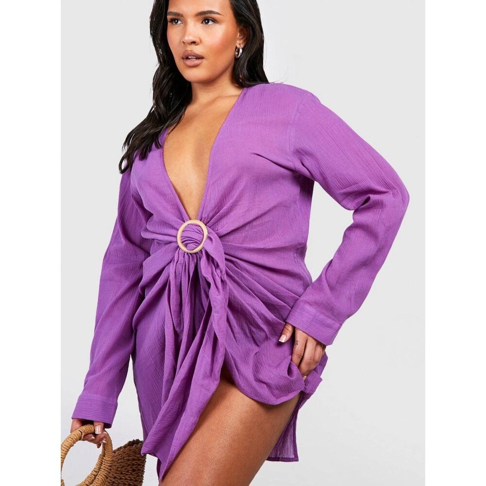 Boohoo Plus Purple Cheesecloth Ring Detail Beach Dress Cotton Size 24